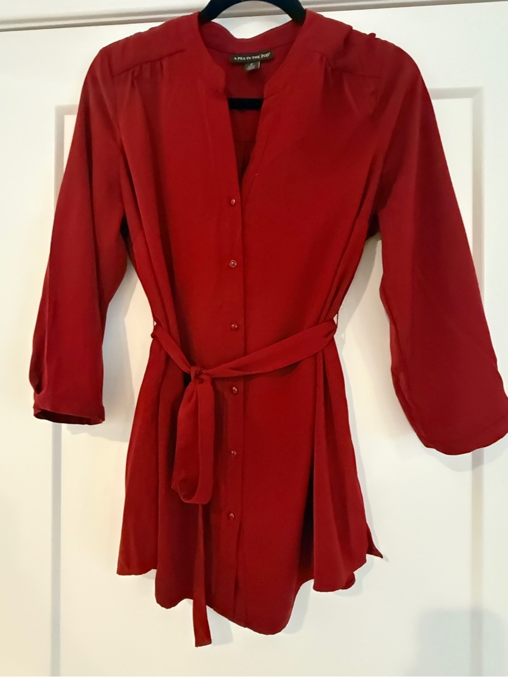 A Pea in the Pod Red Button-Front Tie-Waist Long Sleeve Maternity blouse- Size M